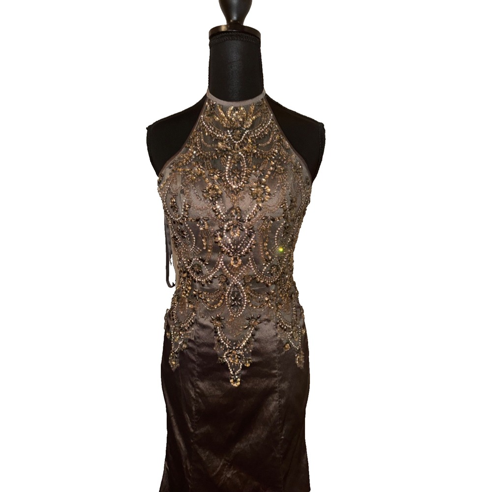 Morilee Madeline Gardner Taupe Formal Beaded Gown Halter Dress‎ Sz 6 Black Tie - Picture 5 of 16